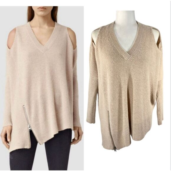 AllSaints Sweater Cream Wool-Alpaca blend Open Shoulder Asymmetrical Style Size - Picture 1 of 12